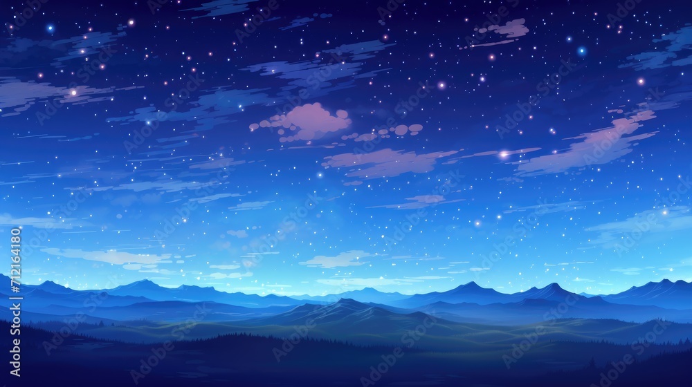 Panorama meadow with dark blue starry night sky background