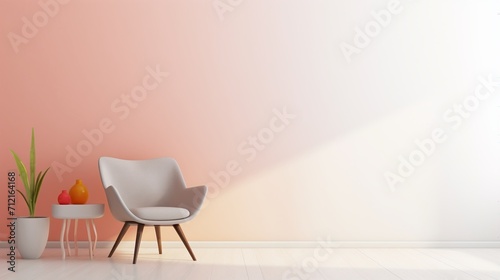 Minimalist interior with white armchairs and pink background.