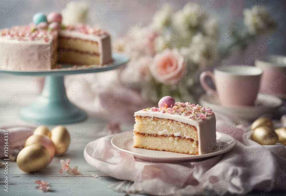 A vintage-inspired Easter cake with pastel frosting and a sprinkle of colorful candies, elegantly served on a plate, accompanied by golden eggs and floral arrangements