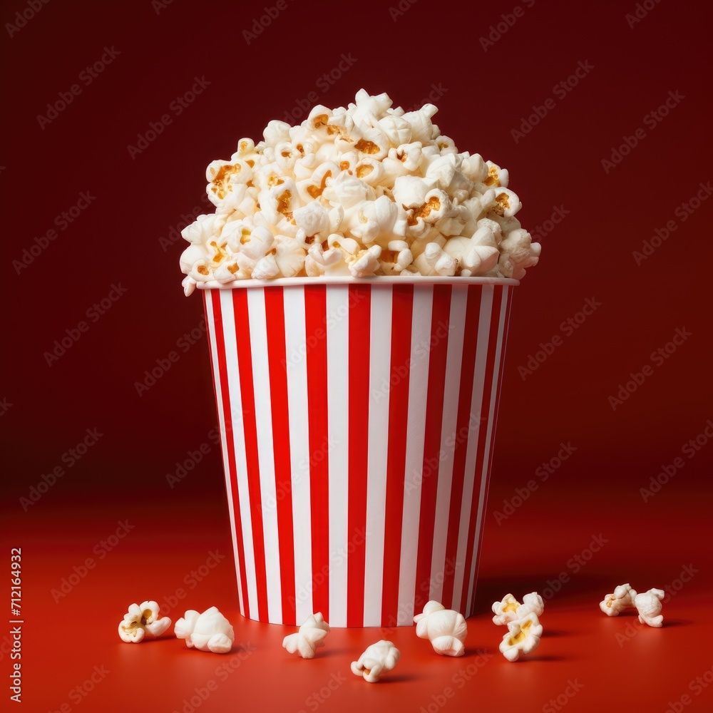 Red and white popcorn box on a red background