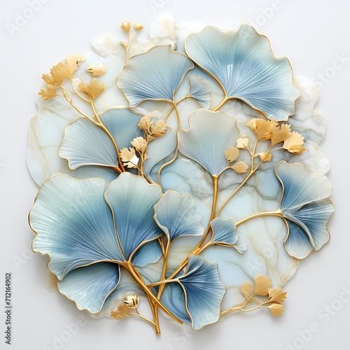 blue ginkgo leaves with gold line and white marble background 