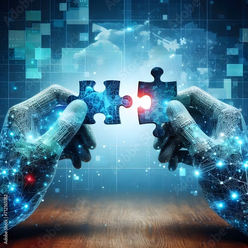 two digital matrix online hands holding interlocking matching, jigsaw puzzle pieces , digital communication handshake concept