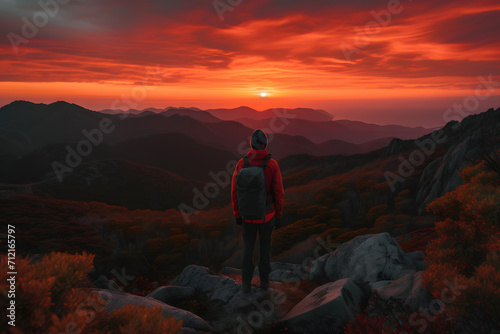 Man standing on top of a mountain with a backpack on his back and a sunset in the background behind him  with a red sky and orange clouds and a red hued