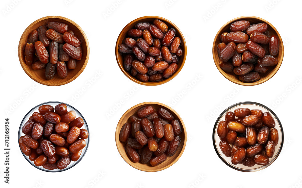 Collection bowl of dried date fruits isolated on a transparent background, top view Collection bowl of dried date fruits isolated on a transparent background, top view