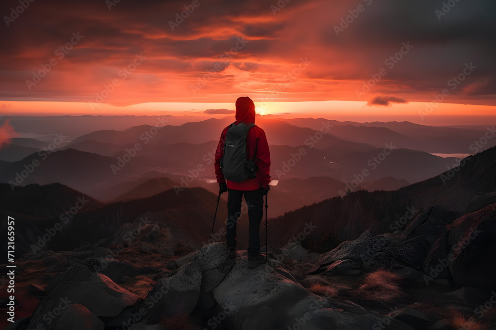 Man standing on top of a mountain with a backpack on his back and a sunset in the background behind him, with a red sky and orange clouds and a red hued