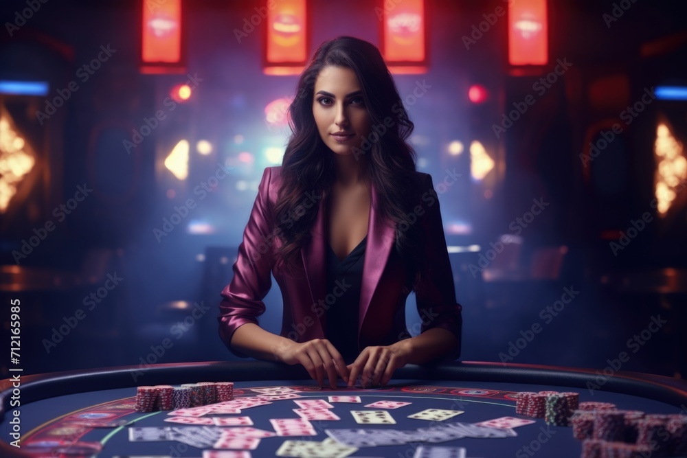 Casino girl shuffles poker cards, game concept Casino girl shuffles poker cards, game concept