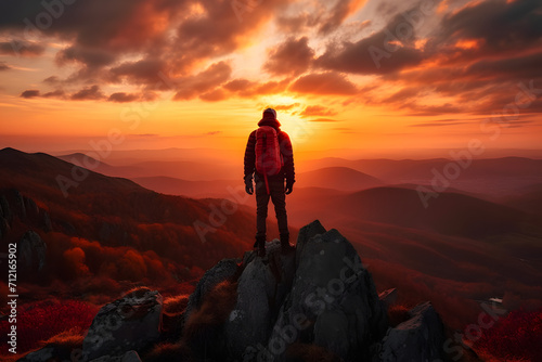 Man standing on top of a mountain with a backpack on his back and a sunset in the background behind him  with a red sky and orange clouds and a red hued