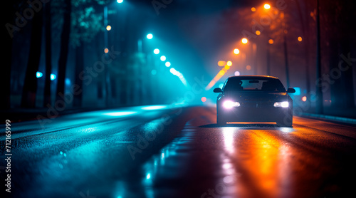 photograph of a road in the foreground, in the distance and out of focus a car approaches with its lights on, night photo. traffic, safety concept. Do not drink and drive