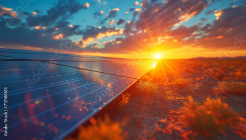 Solar panels, energy. The sun shines through the clouds. Sunset. World Sun Day.  photo