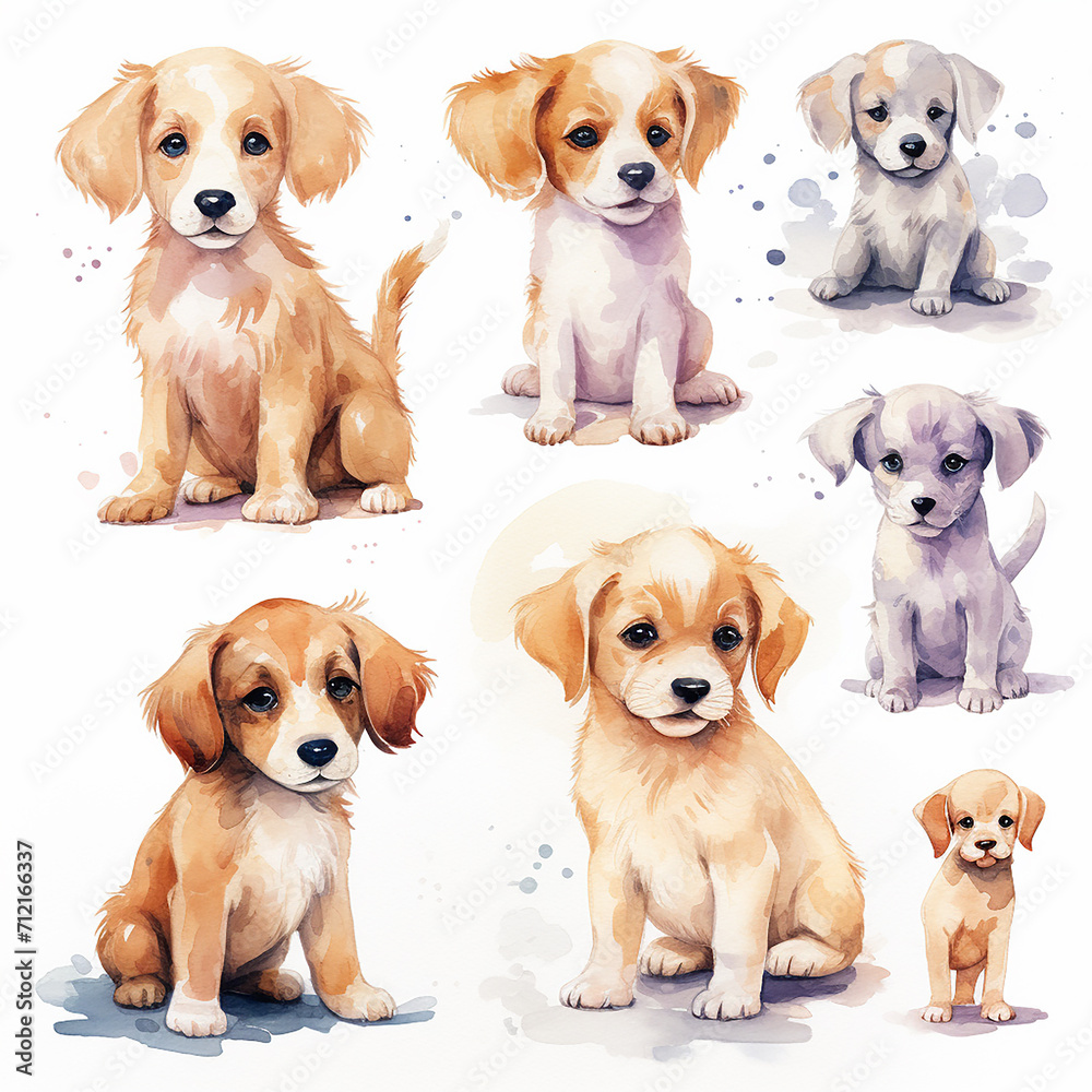 Illustration of a set of cute dogs on a white background.