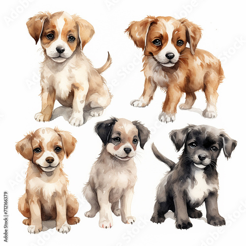 Set of different cute puppies. Watercolor hand drawn illustration isolated on white background.