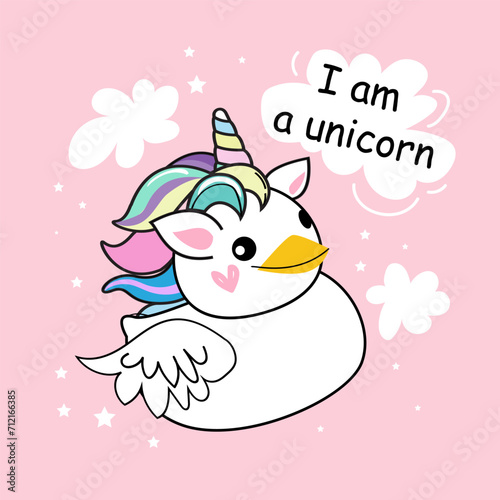 Rubber duck in a unicorn costume on a pink background. Vector illustration