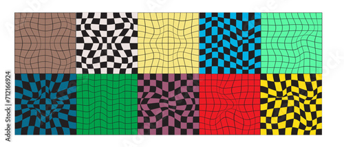 Set of distorted checkerboard background samples. Psychedelic patterns with warped color squares. Chequered visual illusion. Trippy layouts in retro 60s 70s 80s 90s y2k style