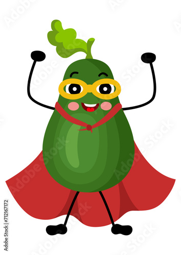 Funny avocado mascot in traditional costume of superhero