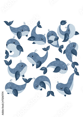 Set of different whale digital elements