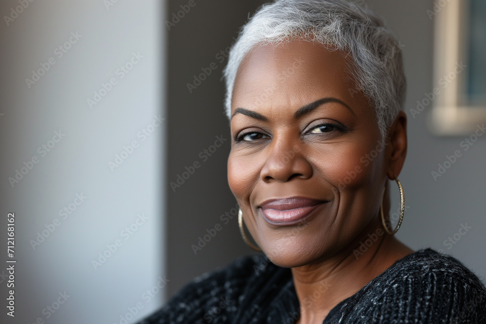 Celebrating Life at 50: A Gracious Smile. Close-up portrait of a happy plus size beautiful African American woman in her 50s. Middle-aged woman with a short gray hairdo looking at camera.
