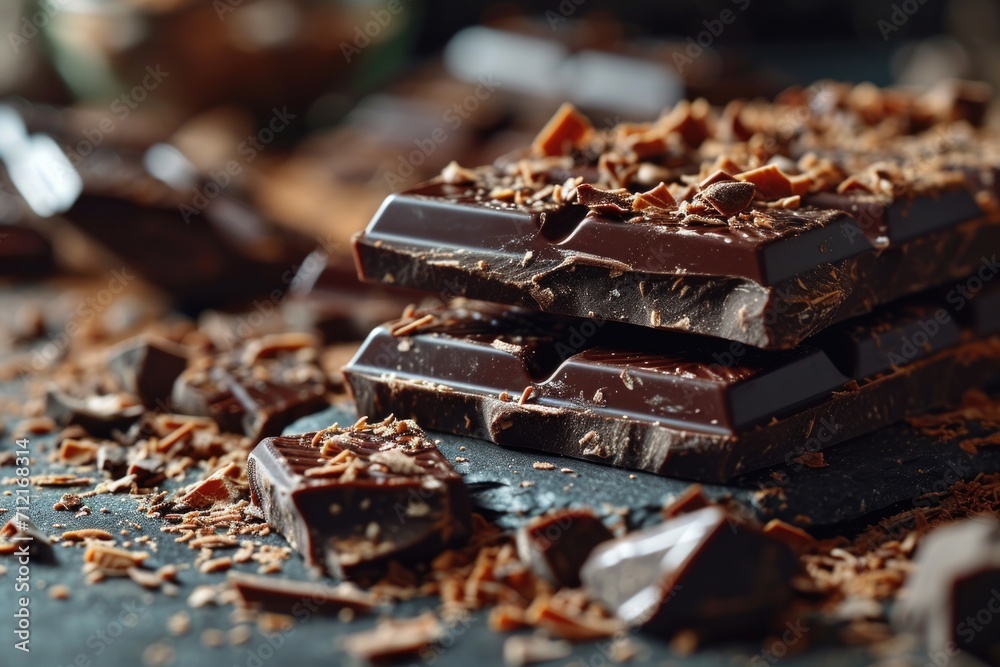 Stacked Dark Chocolate Pieces with Rich Cocoa Powder Stacked Dark Chocolate Pieces with Rich Cocoa Powder