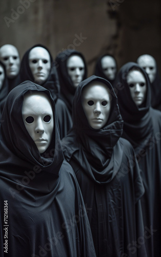 photo of a group of people wearing expressionless white masks and black hooded robes photo