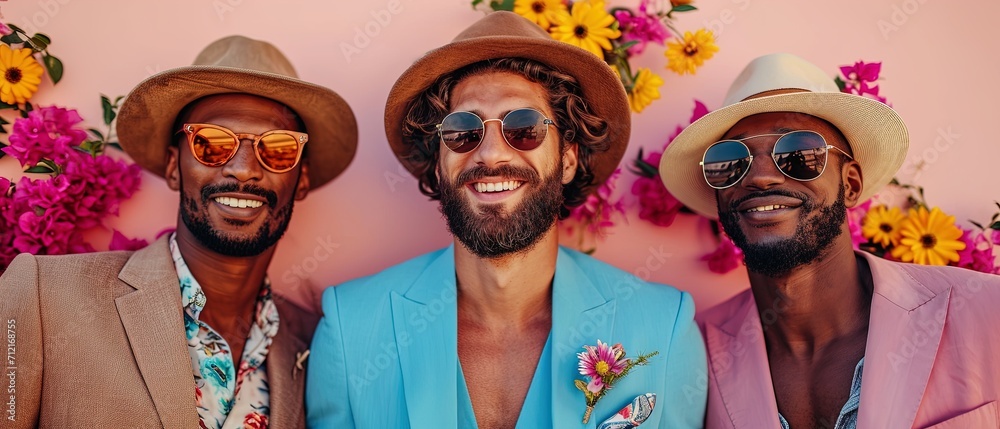 Trendy, smiling men in vibrant, colorful attire, hats, and sunglasses against a pink background with flowers. Stylish fashionable vibes
