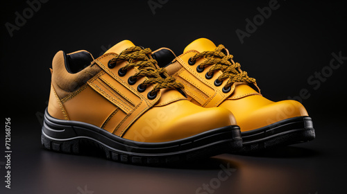 Pair of yellow safety leather shoes isolated on dark background