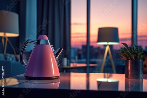 A pink metal teapot is on the table