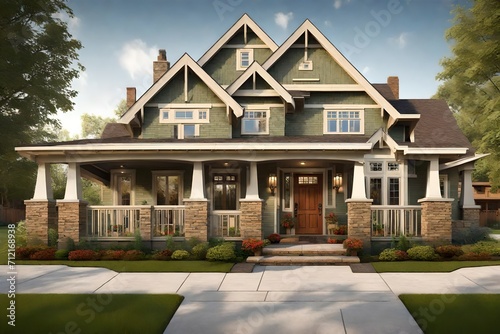 American Craftsman-style exterior, with a welcoming front porch, unique architectural details, and a manicured front yard © Artistic_Creation