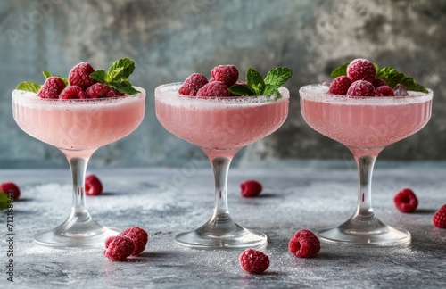 cocktails with raspberries and mint topped in three glasses