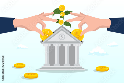 Businessman hand put coin into bank growing money plant, mutual funds investment, 401K, pension or savings growth, increase wealth, dividends or capital gain profit, interest rate return (Vector)