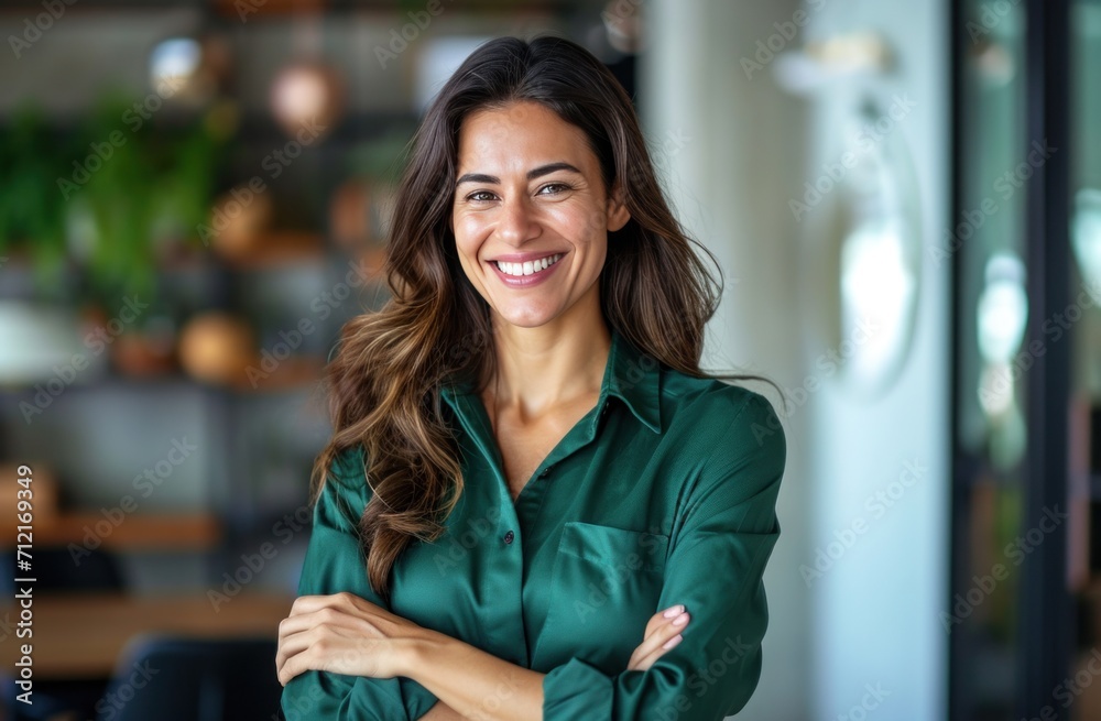 Obraz premium attractive business woman smiling with arms crossed in office