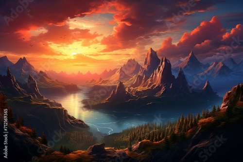 beautiful sunset scenery with mountains. Generative AI © Mace