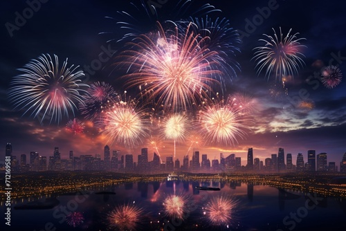 Bright fireworks burst over the illuminated city skyline