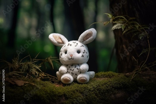 A cute plushie toy with a heart-shaped accessory is placed in a mystical woodland. Generative AI photo