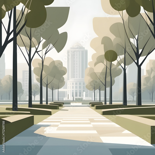 beautiful vector background of a park in the city, pastel muted soft-key tone colours