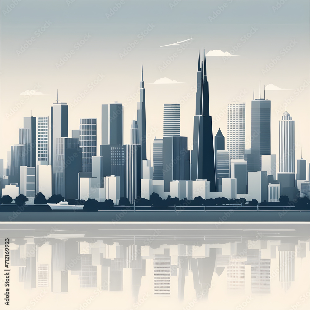 beautiful vector-look background of city skyline landscape, pastel muted soft-key tone colours