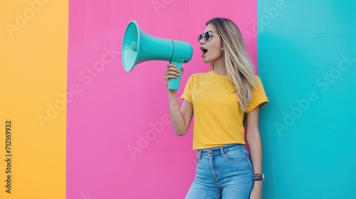 beautiful woman with megaphone against vivid minimalist background with copy space