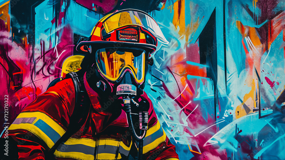 Fototapeta premium Firefighter graffiti art on the wall