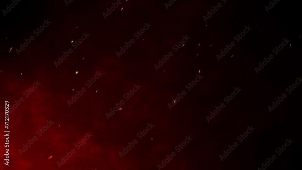 Fire embers particles over red smoke on black background. Abstract dark glitter fire particles lights. Bonfire in motion blur.
