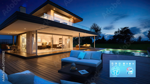 Smart home technology conceptual banner. Building consists digits and connected with icons of domestic smart devices. illustration concept of System intelligent control house on blue background