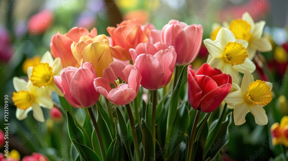 Blooming tulips, daffodils, and Easter lilies in a vibrant springtime arrangement Blooming tulips, daffodils, and Easter lilies in a vibrant springtime arrangement