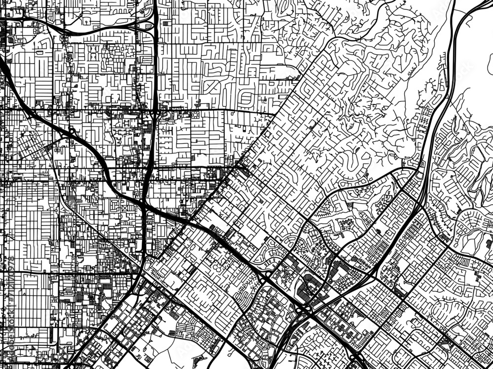 Fototapeta premium Vector road map of the city of Tustin California in the United States of America with black roads on a white background.