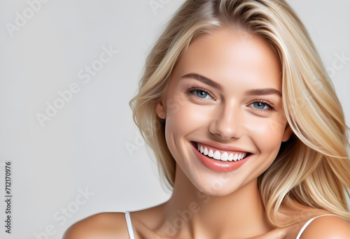 Portrait of a beautiful and cute blonde female model with perfect clean teeth and smile isolated on white background. advertising and web design