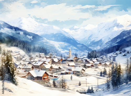 the village of winter in the alps, light beige and turquoise, lightbox, multi-layered, spectacular backdrops, glossy finish