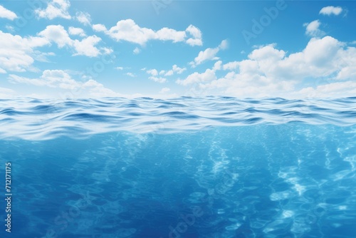 Split view clear blue underwater ocean the horizon and blue sky with clouds