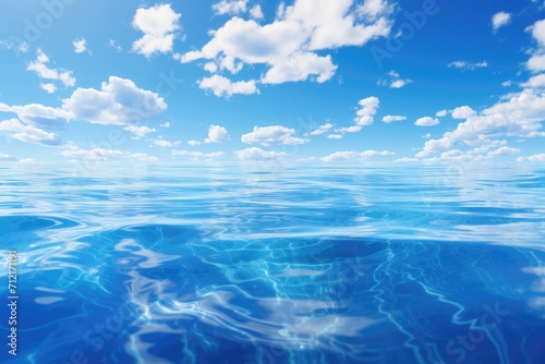 Split view clear blue underwater ocean the horizon and blue sky with clouds