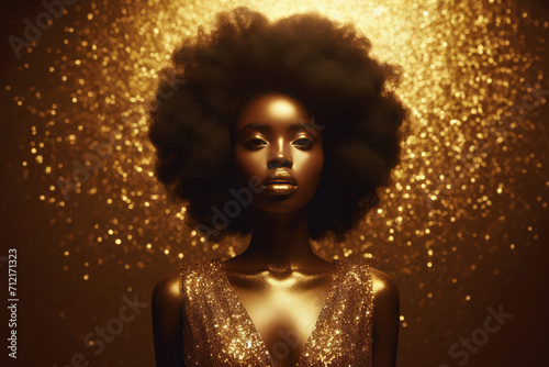 Beauty Model in Golden Dress with Gold Jewelry. Fashion African American Woman in Luxury Gown with Curly Brown Hair over Background with Glowing Glitter Particles