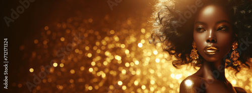 Banner beauty model African American girl on holiday golden background, woman with beautiful make up and curly hair style wearing gold dress, golden glow, festive celebration, copyspace.