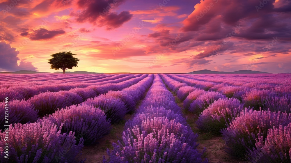 A field of lavender and a tree vivid purple sunset A field of lavender and a tree vivid purple sunset