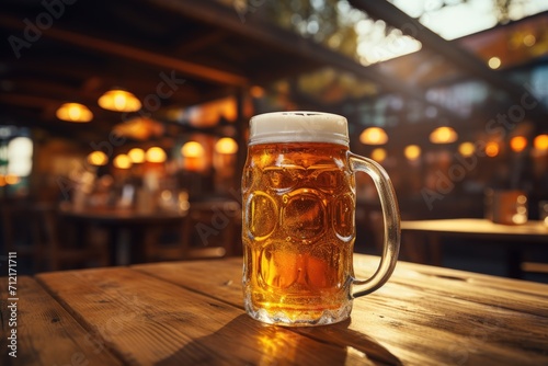 Photo of a beer mug outside on a restaurant table with blurred background