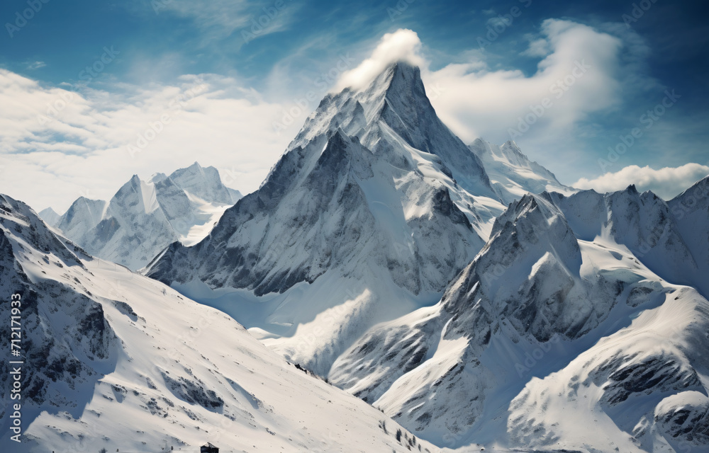 snow covering the mountain ranges in black and white, in the style of close-up, light azure and brown, photo-realistic landscapes, shaped canvas