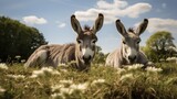 Donkeys sitting on the ground in a meadow with trees and clouds